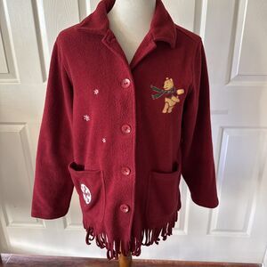 Vintage Winnie The Pooh Bear Womens Fleece Jacket Sz Small Fringe 90s Y2K‎ Retro